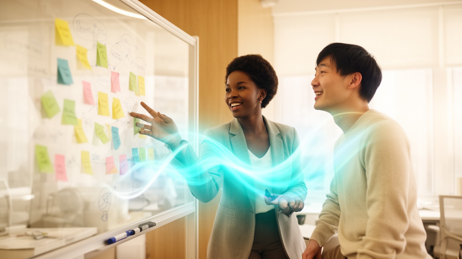 Two teammates mapping ideas at a glass whiteboard with PureBrain
